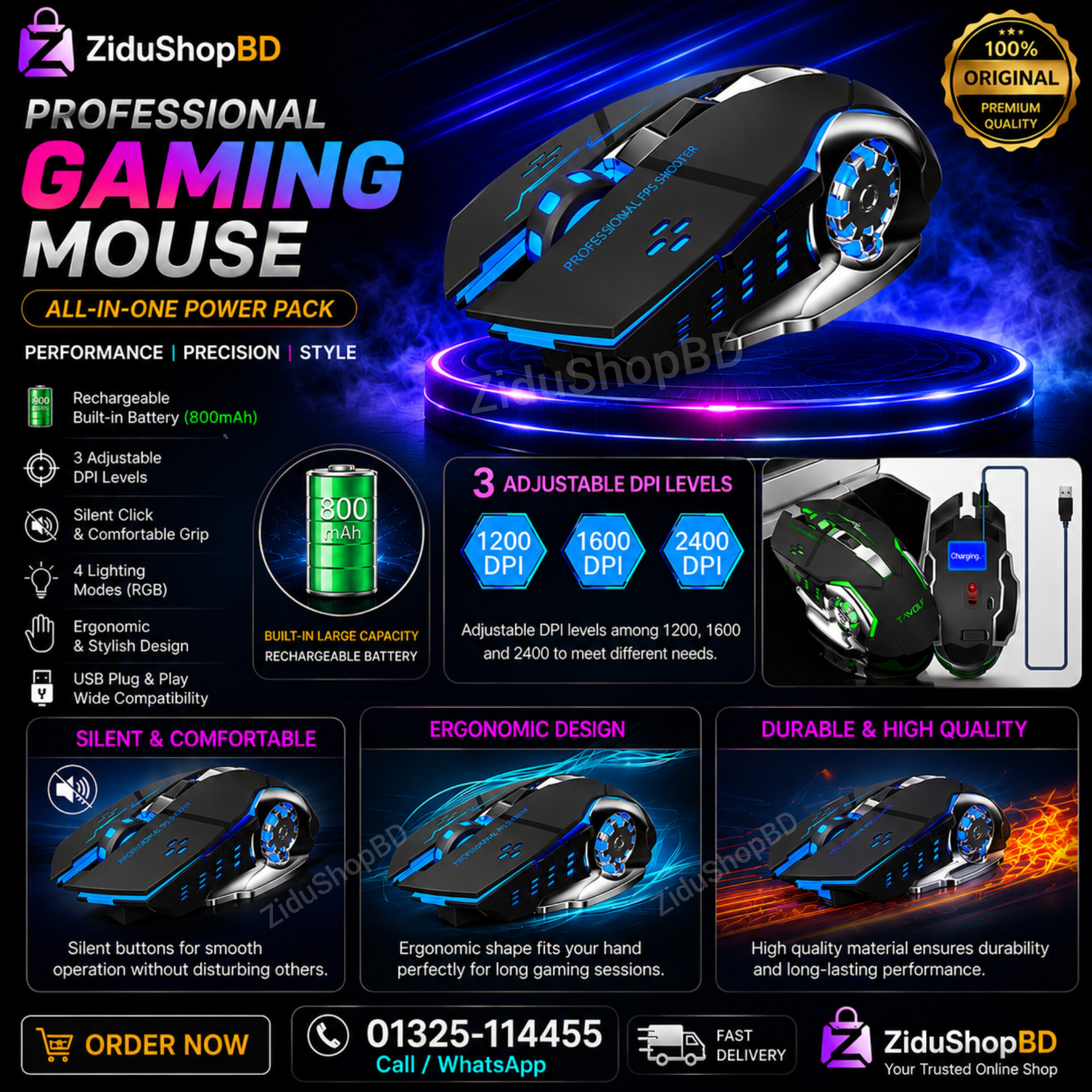 RECHARGABLE Wireless Gaming Mouse RGB For IOS Android Mac & Computer Laptop